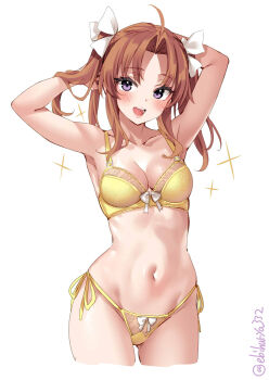 1girl armpits arms_up bare_shoulders blush bra breasts cleavage collarbone cropped_legs ebifurya gluteal_fold hair_ribbon highres kagerou_(kancolle) kantai_collection long_hair looking_at_viewer medium_breasts navel one-hour_drawing_challenge open_mouth panties parted_bangs purple_eyes ribbon see-through_clothes see-through_bra see-through_panties side-tie_panties simple_background smile solo sparkle stomach teeth thighs twintails twitter_username underwear white_background yellow_bra yellow_panties rating:Sensitive score:26 user:danbooru