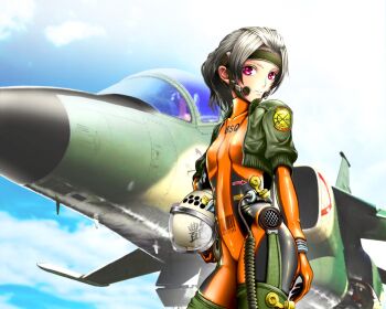 1girl aircraft airplane bodysuit commentary_request fighter_jet gloves jacket japan_air_self-defense_force japan_self-defense_force looking_at_viewer military military_vehicle mitsubishi_f-1 orange_bodysuit original photoshop_(medium) ponytail red_eyes shiny_clothes short_ponytail skin_tight solo suzuki_tadatomo vehicle_focus white_hair
