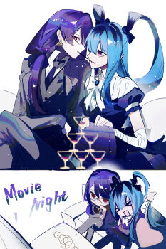  >_< 2girls absurdres alternate_costume amemiya_darumi bag bandaged_arm bandages blue_hair chinese_commentary commentary_request couch crossed_legs cup drinking_glass earrings food food_in_mouth formal_clothes glasses handbag highres jewelry multiple_girls necktie pocky pocky_in_mouth purple_hair red_eyes ribbon shizuhara_hiruko suit tansuan_yun the_hundred_line_-last_defense_academy- twintails wine_glass yuri 