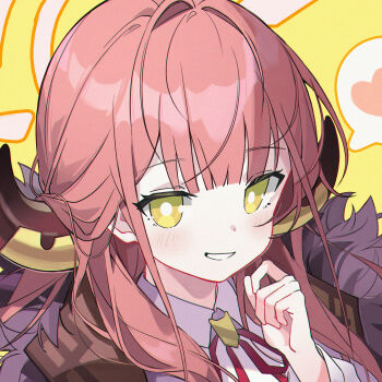  1girl absurdres aru_(blue_archive) blue_archive blush bright_pupils coat collared_shirt commentary demon_girl demon_horns fur-trimmed_coat fur_trim grin hair_on_horn halo hand_up heart highres horns long_hair long_sleeves looking_at_viewer og-pogg open_clothes open_coat pink_hair portrait shirt simple_background smile solo spoken_heart white_pupils white_shirt yellow_background yellow_eyes 