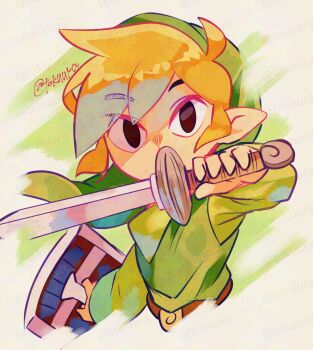  1boy adversarial_noise artist_name black_eyes blonde_hair commentary_request cropped_torso green_hat green_tunic hat highres holding holding_shield holding_sword holding_weapon link long_sleeves looking_at_viewer male_focus nintendo pointy_ears shield short_hair solo sword the_legend_of_zelda the_legend_of_zelda:_the_wind_waker tokuura toon_link tunic twitter_username upper_body watermark watermark_grid weapon 