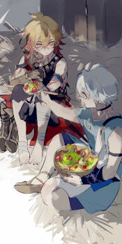  2boys aged_down antenna_hair arm_tattoo armlet asymmetrical_sleeves bandaged_leg bandages black_shorts black_tank_top blonde_hair blue_eyes bowl braid chest_tattoo chinese_commentary commentary_request facial_tattoo gold_necklace gradient_hair grey_shirt hadanugi_dousa highres holding holding_bowl holding_spoon honkai:_star_rail honkai_(series) jewelry male_focus medium_hair mississipping multicolored_hair multiple_boys mydei_(a_trail_of_bygone_blood)_(honkai:_star_rail) mydei_(honkai:_star_rail) neck_tattoo necklace open_kimono parted_bangs phainon_(a_dream_scented_in_wheat)_(honkai:_star_rail) phainon_(honkai:_star_rail) red_hair red_tattoo shirt short_hair shorts side_braid spoon sun_symbol sun_tattoo tan tank_top tattoo torn_clothes torn_shirt torn_shorts white_hair yellow_eyes 