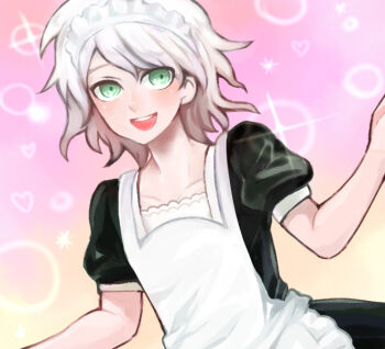 1boy :d alternate_costume apron black_dress blush brown_background brown_eyes collarbone cowboy_shot crossdressing crossdressing_(mtf) danganronpa_(series) danganronpa_2:_goodbye_despair dress dutch_angle enmaided grey_hair heart komaeda_nagito maid maid_headdress male_focus male_maid multicolored_background open_mouth pink_background puffy_short_sleeves puffy_sleeves shimoneta short_sleeves smile solo sparkle teeth upper_teeth_only white_apron