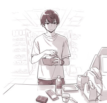  1boy barcode_scanner buying_condoms cash_register checkout_(shopping) closed_mouth commentary_request condom_box convenience_store cowboy_shot drink greyscale hair_between_eyes holding holding_money holding_wallet ice_cream_tub indoors ito_fumi josee_to_tora_to_sakana-tachi male_focus money monochrome okamoto_condoms shirt shop short_hair short_sleeves small_sweatdrop solo suzukawa_tsuneo t-shirt wallet watch wristwatch 