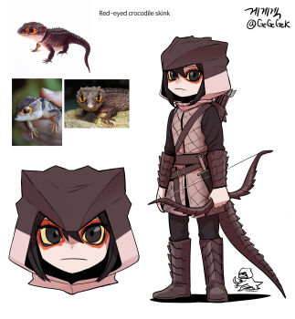  absurdres arrow_(projectile) boots bow_(weapon) bracer creature_and_personification dagger gegegekman highres holding holding_bow_(weapon) holding_weapon hood hood_up knife lizard_tail looking_at_viewer monster_girl original personification photo_inset quiver reference_inset reptile_girl signature simple_background skink_lizard tail weapon white_background 