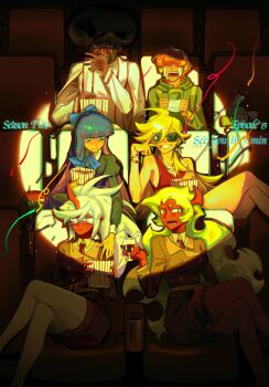  2boys 4girls blonde_hair blue_eyes blue_hair brief_(psg) chuck_(psg) commentary_request dress fastener_(psg) garterbelt_(psg) green_eyes green_hair guru.zong highres kneesocks_(psg) long_hair multiple_boys multiple_girls panty_&amp;_stocking_with_garterbelt panty_(psg) purple_hair red_dress scanty_(psg) school_uniform sleeveless sleeveless_dress stocking_(psg) 