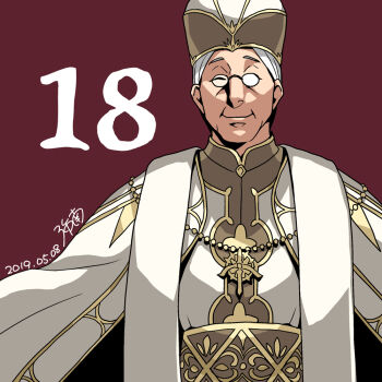  1boy ^_^ artist_name bad_id bad_pixiv_id biscas_t._balmus black-framed_eyewear brown_background brown_hat brown_robe closed_eyes commentary_request dated facing_viewer gold_robe gold_trim hat jewelry male_focus minami_seira mitre necklace numbered official_artist_extra old pope robe round_eyewear signature smile solo tate_no_yuusha_no_nariagari turtleneck_robe two-tone_headwear upper_body white-tinted_eyewear white_hair white_hat white_robe 