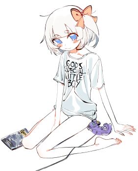1girl bare_legs barefoot between_legs black_choker blue_eyes blunt_bangs blush blush_stickers bow choker closed_mouth clothes_writing collarbone controller eds english_text feet fingernails full_body game_controller gamecube_controller hair_bow hand_between_legs highres marimari_(vtuber) nintendo no_pants one_side_up orange_bow panties phase_connect pokemon pokemon_xd shirt short_eyebrows short_hair short_sleeves simple_background sitting smile solo t-shirt thick_eyebrows toes underwear video_game_cover_(object) virtual_youtuber wariza white_background white_hair white_shirt