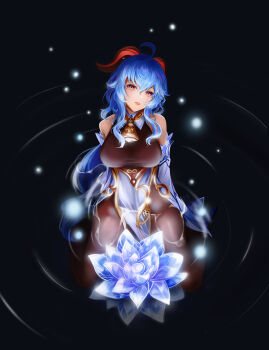  1girl ahoge aqua_hair black_gloves black_pantyhose blush bodystocking bodysuit breasts brown_eyes commentary_request detached_sleeves ganyu_(genshin_impact) genshin_impact gloves goat_horns halterneck horns long_hair long_sleeves looking_at_viewer looking_up medium_breasts multiple_girls nzdwarf pantyhose parted_lips pelvic_curtain shirt sidelocks sleeveless sleeveless_shirt solo solo_focus 