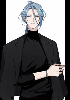  1boy alternate_costume alternate_hairstyle black_jacket black_shirt blue_hair bracelet ear_piercing ensemble_stars! hair_between_eyes highres himeru_(ensemble_stars!) jacket jacket_on_shoulders jewelry long_hair_between_eyes looking_at_viewer male_focus oji_(oshimai_odisan) parted_lips piercing pillarboxed ponytail ring shirt short_hair short_ponytail signature simple_background solo three-quarter_sleeves turtleneck upper_body white_background yellow_eyes 