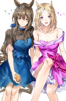  2girls absurdres admire_vega_(precious_moments)_(umamusume) admire_vega_(umamusume) animal_ears armpit_crease bare_shoulders blonde_hair blue_dress blush breasts brown_hair cleavage closed_mouth collarbone cup diamond_(shape) dress ear_ornament feet_out_of_frame highres holding holding_cup horse_ears horse_girl horse_tail invisible_chair jewelry long_hair looking_at_viewer multiple_girls narita_top_road_(umamusume) necklace off-shoulder_dress off_shoulder open_mouth petticoat pink_dress pink_eyes saibeo_tomato short_hair sitting small_breasts smile star_(symbol) tail umamusume yellow_eyes 
