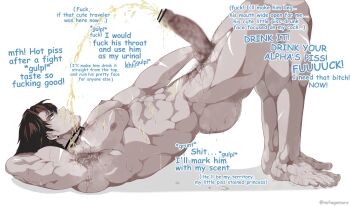  1boy abs arm_behind_head armpit_hair ass bara black_choker black_eyes black_hair blur_censor censored choker commentary completely_nude ear_piercing earrings english_commentary facial_hair feet from_side full_body genshin_impact goatee_stubble gomoro_(nsfwgomoro) highres jewelry large_penis male_focus male_pubic_hair monochrome muscular muscular_male navel_hair nipples nude pectorals pee peeing peeing_on_own_face peeing_on_self penis piercing pubic_hair short_hair simple_background solo stubble sweat toenails toes twitter_username white_background wriothesley_(genshin_impact) 