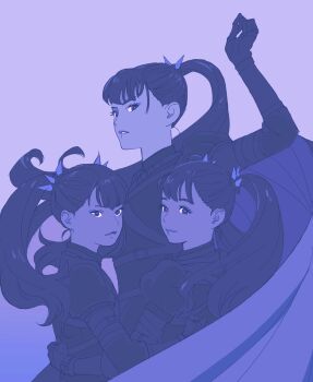  3girls 55bata6rou arm_up babymetal belt blue_theme blunt_bangs closed_mouth dress gloves hair_ornament highres idol kikuchi_moa long_hair long_sleeves looking_at_viewer mizuno_yui multiple_girls nakamoto_suzuka parted_lips ponytail real_life smile twintails upper_body 