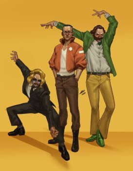 3boys arms_up bad_tag beard black_hair black_jacket black_necktie blazer blonde_hair bomber_jacket brown_hair buzz_cut character_request collared_shirt disco_elysium facial_hair full_body green_jacket hair_slicked_back hand_in_pocket harry_du_bois highres jacket jean_vicquemare kim_kitsuragi looking_at_viewer male_focus multiple_boys mutton_chops necktie nurve26 official_alternate_costume orange_jacket serious shirt short_hair sunglasses very_short_hair white_shirt wig 