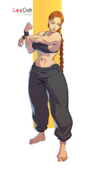  1girl abs barefoot braid braided_ponytail breasts character_name feet female_focus full_body highres lara_croft large_breasts lips long_hair matching_hair/eyes navel pants ponytail rejean_dubois sideboob solo stretching sweatpants toes tomb_raider toned watermark web_address wristband 