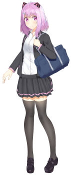  1girl absurdres alternate_costume animal_ears antenna_hair bag black_jacket black_shoes black_skirt black_thighhighs blazer casual collared_shirt commentary_request fake_animal_ears full_body hair_ornament hairclip highres jacket long_sleeves looking_at_viewer mary_janes medium_hair otogi_lilu pleated_skirt purple_eyes purple_hair school_uniform shirt shirt_tucked_in shoes shoulder_bag simple_background skirt smile solo standing tachikaze_(1428) thighhighs virtual_youtuber wactor_production white_background white_shirt wing_collar zettai_ryouiki 