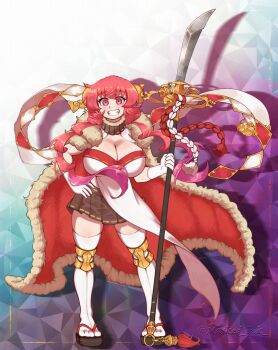  1girl anila_(granblue_fantasy) anila_(granblue_fantasy)_(cosplay) artist_name black_skirt breasts cape cleavage commentary commission cosplay curvy dragon_girl dragon_horns english_commentary fur-trimmed_cape fur_trim gloves gradient_background gradient_hair grin hand_on_own_hip happy highres holding holding_polearm holding_weapon horns huge_breasts ilulu_(maidragon) kobayashi-san_chi_no_maidragon kouhaku_nawa long_hair looking_at_viewer low_twintails masked_ink miniskirt multicolored_hair naginata okobo pelvic_curtain platform_sandals pleated_skirt pointy_ears polearm purple_background purple_hair red_cape red_eyes red_hair rope sandals shimenawa shortstack skirt slit_pupils smile solo tabard teeth thighhighs twintails weapon white_background white_gloves white_tabard white_thighhighs yellow_horns zettai_ryouiki 