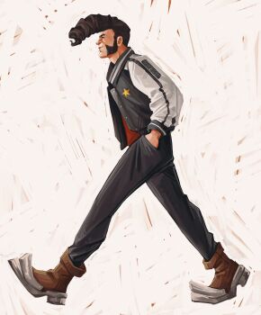 1boy absurdres alternate_costume black_hair crossover cyberturbine dandy_(space_dandy) deadlock_(game) full_body hands_in_pockets highres jacket letterman_jacket long_sleeves male_focus open_clothes open_jacket pompadour profile red_shirt shirt shiv_(deadlock) sideburns smile solo space_dandy star_(symbol) walking 