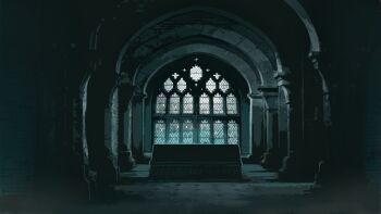  arched_window attic ballads_at_midnight coffin column fog highres indoors no_humans non-web_source official_art pillar scenery sunrise tile_floor tiles window 