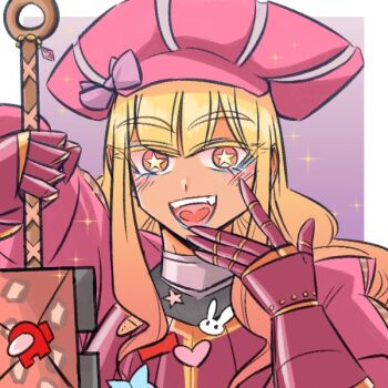  1girl 2024 among_us armor blonde_hair eyes_visible_through_hair gyaru_landsknecht_(centurii-chan) hat long_hair open_mouth pink_armor pink_hat purple_ribbon ribbon sirscull smile solo  rating:General score:4 user:randomwriter391