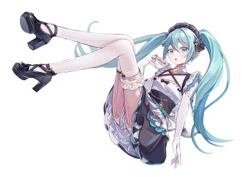  1girl absurdres aqua_eyes aqua_hair black_boots black_dress boots commentary_request cup detached_collar dress elbow_gloves floating_hair frilled_hairband frills garter_straps gloves hair_between_eyes hairband hatsune_miku high_heel_boots high_heels highres holding holding_cup leg_tattoo maid more_more_jump!_miku number_tattoo open_mouth project_sekai simple_background sleeveless sleeveless_dress solo tattoo teacup thighhighs vocaloid vs0mr white_background white_gloves white_thighhighs 