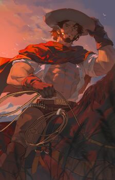  1boy abs absurdres ammunition_belt bara beard belt brown_belt brown_eyes brown_gloves brown_hair brown_horse brown_pants cape cassidy_(overwatch) cigar cowboy_hat facial_hair gloves hat highres holding holding_rope horse horseback_riding looking_at_viewer male_focus mature_male medium_hair muscular muscular_male open_clothes open_shirt otherrb2 outdoors overwatch pants red_cape riding rope shirt sideburns sidelighting sky smirk smoking solo white_shirt 