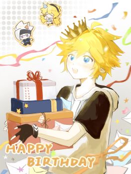  1girl 2boys absurdres ahoge aotu_world birthday black_gloves black_hairband black_headband blonde_hair blue_eyes blush box chibi chibi_inset chinese_commentary closed_eyes confetti crown dated english_text fingerless_gloves gift gift_box gloves grey_(aotu_world) hairband happy_birthday headband highres holding holding_gift hood hood_down hoodie king_(aotu_world) letter looking_up low_twintails male_focus mini_crown multicolored_hoodie multiple_boys open_mouth party_popper pointy_ears purple_eyes q_(aotu_world) shangguanmuying short_hair short_sleeves smile solo_focus spiked_hair star_(symbol) streamers twintails upper_body white_hair white_hoodie 