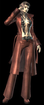  1girl 3d black_background breasts brown_hair elizebet female_focus highres long_coat navel ninja_gaiden ninja_gaiden_2_(xbox) no_bra official_art simple_background solo tecmo 