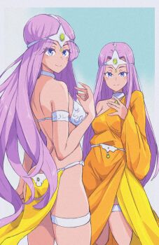  2girls armor asymmetrical_dress bikini_armor breasts circlet commentary_request cowboy_shot dark-skinned_female dark_skin dragon_quest dragon_quest_iv dress forehead_jewel gem green_gem hand_up highres jack_(wkm74959) jewelry loincloth long_dress long_hair long_sleeves looking_at_viewer looking_back manya_(dq4) medium_breasts metal_bikini metal_bra minea_(dq4) multiple_girls orange_dress orange_loincloth pelvic_curtain purple_eyes purple_hair siblings silver_circlet single_bare_shoulder single_sleeve sisters thighlet 