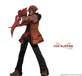  1boy arm_blade blade bright_pupils dark_skin dishwasher1910 fighting_stance fox_alistair gauntlets gloves red_hair rwby scar tagme weapon white_pupils 