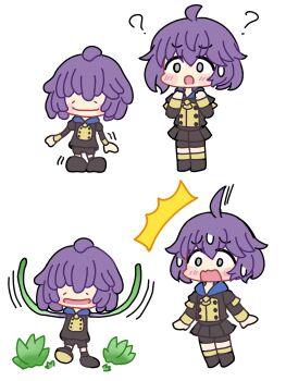  1girl 1other ? ahoge bernadetta_von_varley bernadetta_von_varley_(cosplay) blush chibi chibi_only commentary cosplay ditto english_commentary fire_emblem fire_emblem:_three_houses garreg_mach_monastery_uniform gen_1_pokemon grey_eyes highres hiro_kayama long_sleeves messy_hair nintendo open_mouth pokemon pokemon_(creature) pokemon_pokopia purple_hair short_hair simple_background surprised transform_(pokemon) transformed_ditto white_background 