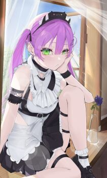  1girl alternate_costume apron black_choker black_dress black_shoes blue_flower breasts choker closed_mouth curtains day double-parted_bangs dress ear_piercing edge_ill enmaided flower frilled_dress frills green_eyes hair_between_eyes hair_ornament hashtag-only_commentary head_rest highres hololive knee_up long_hair looking_at_viewer maid maid_headdress piercing purple_hair shoes sitting sleeveless sleeveless_dress small_breasts socks solo thigh_strap tokoyami_towa two-tone_dress unconventional_maid virtual_youtuber waist_apron white_apron white_dress white_socks window windowsill 