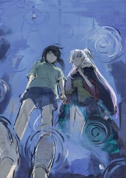  2girls black_hair blue_kimono blue_shorts cho_kaguya-hime! commentary_request hatyo holding_hands japanese_clothes kimono korean_commentary long_hair multiple_girls off_shoulder reflection reflection_focus runami_yachiyo sakayori_iroha short_sleeves shorts sketch twintails white_hair 