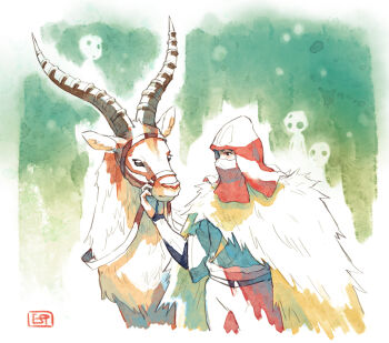  1boy antelope ashitaka belt black_belt blue_shirt border cape commentary covered_mouth cowboy_shot english_commentary fading_border fur_cape highres kodama looking_at_animal mononoke_hime pants petting red_hood red_pants reins shirt skelinor standing three-quarter_sleeves yakul 