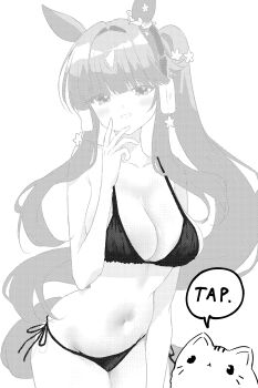  1girl absurdres alpha_transparency animal_ears bikini black_bikini blunt_bangs blush breasts cleavage collarbone commentary_request cowboy_shot ear_covers flower greyscale grin hair_flower hair_ornament hand_up highres horse_ears horse_girl horse_tail long_hair looking_at_viewer lucky_lilac_(umamusume) medium_breasts monochrome navel ponytail side-tie_bikini_bottom simple_background smile solo speech_bubble swimsuit tail tandohark umamusume white_background 