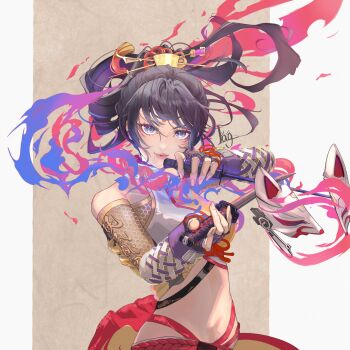  1girl bare_shoulders black_hair breasts cowboy_shot dagger dual_wielding facial_mark fox_mask highres holding holding_dagger holding_knife holding_weapon knife kunimitsu_ii lag_(wo76_a) long_hair mask multicolored_hair namco purple_eyes purple_hair short_sword simple_background solo sword tantou tekken tekken_8 two-tone_hair unworn_mask weapon white_background  rating:Sensitive score:1 user:danbooru