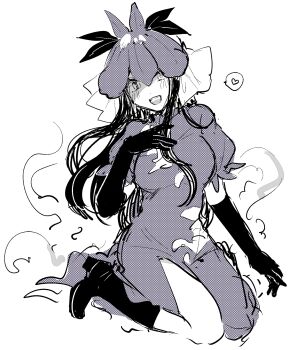  1girl black_boots black_gloves black_hair blush boots breasts china_dress chinese_clothes commentary_request dress elbow_gloves flower flower_on_head gloves heart highres lobelia_(flower) long_hair looking_at_viewer mozukuzu_(manukedori) muted_color open_mouth purple_dress purple_flower short_sleeves side_slit sitting smile solo spoken_heart touhou very_long_hair yomotsu_hisami 