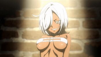  1girl 2022 20s animated animated_gif bouncing_breasts breasts cleavage collar collarbone dark-skinned_female dark_skin grin hair_over_one_eye large_breasts midriff prisoner_veronica sharp_teeth smile sono_bisque_doll_wa_koi_wo_suru tagme teeth underboob white_collar white_hair yellow_eyes 