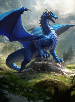  absurdres blue_scales claws cloud cloudy_sky dragon dragon_horns dragon_tail dragon_wings eragon fantasy grass highres horns joshua_raphael nature no_humans outdoors saphira_(eragon) scales second-party_source sharp_teeth sky spiked_tail sunlight tail teeth tree wings 