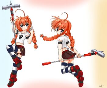  1girl absurdres ass blue_eyes blush braid breasts brown_skirt closed_mouth flatculture graf_eisen hammer highres long_hair looking_at_viewer lyrical_nanoha mahou_shoujo_lyrical_nanoha mahou_shoujo_lyrical_nanoha_a's mahou_shoujo_lyrical_nanoha_strikers microskirt multiple_views panties pantyshot red_hair red_panties shirt skirt small_breasts smile striped_clothes striped_thighhighs thighhighs twin_braids twintails underwear vita_(nanoha) war_hammer weapon white_shirt 