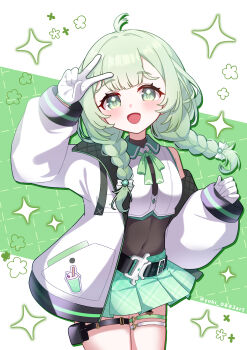  1girl absurdres ahoge belt black_belt bow bowtie braid clover-shaped_pupils commentary_request covered_navel cowboy food_print gloves green_eyes green_hair green_neckerchief green_skirt grid_background hair_bow highres jacket jacket_partially_removed long_sleeves low_twin_braids natori_hinata neckerchief off_shoulder open_clothes open_jacket open_mouth plaid_clothes plaid_skirt pleated_skirt pouch project_nebula single_off_shoulder skirt solo symbol-shaped_pupils thigh_pouch thigh_strap twin_braids twitter_username v virtual_youtuber western white_bow white_bowtie white_gloves white_jacket yobi_(yobiyobi4) 
