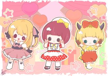  :3 :p absurdres arima_kana ascot b-komachi_(new) balloon beret black_gloves blonde_hair blue_eyes bob_cut boots bow chibi commentary_request curtains demon_horns dress fake_horns gift gloves hat hat_ribbon heart_balloon highres horns hoshino_ruby idol idol_clothes long_hair memcho one_side_up oshi_no_ko pink_dress pink_eyes polka_dot polka_dot_dress pop_in_2 re7x red_dress red_eyes red_hair red_shorts ribbon short_hair shorts socks star-shaped_pupils star_(symbol) symbol-shaped_pupils tongue tongue_out v white_boots white_hat white_socks yellow_bow 