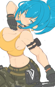  1girl arm_pouch bare_shoulders belt blue_eyes blue_hair breasts camouflage cargo_pants closed_mouth crop_top dog_tags earrings gloves highres jellcaps jewelry leona_heidern midriff navel pants ponytail soldier solo tank_top the_king_of_fighters the_king_of_fighters_xv toned toned_female triangle_earrings yellow_tank_top 