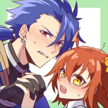  0nodera 1boy 1girl blue_hair blush border commentary_request cu_chulainn_(fate) cu_chulainn_(fate/prototype) earrings embarrassed fate/grand_order fate_(series) fujimaru_ritsuka_(female) green_border hair_between_eyes hair_ornament hair_scrunchie hetero holding_hands jewelry long_hair lowres orange_hair ponytail red_eyes scrunchie short_hair sweatdrop 