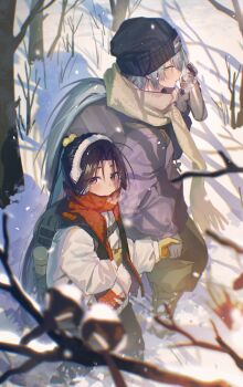  2boys absurdres backpack bag beanie black_hair blue_eyes bottle breath child commentary earmuffs fubuki_(nige_jouzu_no_wakagimi) gloves grey_hair hat highres holding holding_bottle holding_hands houjou_tokiyuki_(nige_jouzu_no_wakagimi) implied_yaoi long_hair looking_to_the_side male_focus multiple_boys nige_jouzu_no_wakagimi purple_eyes red_scarf scarf snow snowing tree untranslatable_commentary winter_clothes xiao_(creation0528) 