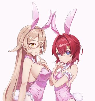  2girls ange_katrina animal_ear_hairband animal_ears arm_garter arm_under_breasts backless_leotard bare_arms bare_shoulders blonde_hair blue_eyes bow bowtie breasts closed_mouth commentary_request detached_collar double-parted_bangs eyelashes fake_animal_ears fake_tail fang finger_to_mouth frills gradient_eyes hair_between_eyes hair_intakes hair_ornament hairband hand_on_own_chest hand_on_own_chin hand_up highres large_breasts leotard long_hair looking_at_viewer looking_to_the_side medium_hair multicolored_eyes multiple_girls nail_polish nijisanji nui_sociere pink_background pink_eyes pink_leotard pink_nails playboy_bunny rabbit_ear_hairband rabbit_ears rabbit_tail red_hair sideboob simple_background skin_fang slit_pupils small_breasts smile strapless strapless_leotard supersaiazin-kanako tail triangle_hair_ornament variant_set very_long_hair virtual_youtuber white_bow white_bowtie yellow_eyes 