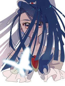  1girl bare_shoulders blue_bow blue_butterfly blue_hair blurry blurry_foreground bow bug butterfly butterfly_earrings butterfly_hair_ornament collarbone commentary cropped_shoulders earrings frills hair_ornament high_ponytail highres insect jewelry long_hair looking_at_viewer magical_girl minazuki_karen parted_lips pink_eyes ponytail precure sekiguchi_(mitemite_mitene) simple_background solo white_background yes!_precure_5 