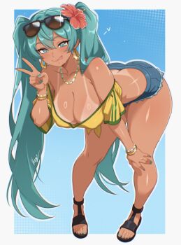  1girl aqua_eyes aqua_hair aqua_nails bikini_tan black_sandals blue_background brazilian_miku breasts closed_mouth commentary denim denim_shorts earrings eyewear_on_head flower full_body hair_flower hair_ornament hand_on_own_knee hatsune_miku highres jewelry large_breasts long_hair micro_shorts pink_flower ring_light_reflection sandals shirt shorts simple_background smile solo sunglasses t-shirt tan tanline tongue tongue_out twintails two-tone_background untranslatable_commentary v vizaz vocaloid white_background yellow_shirt 