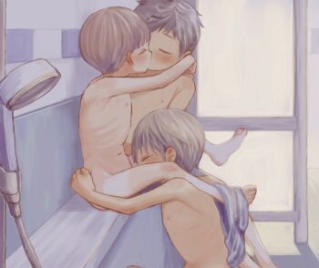  3boys absurdres arms_around_neck barefoot bench black_hair blush closed_eyes completely_nude fellatio grey_hair highres kiss male_focus multiple_boys navel nipples nude oral original ribs shorts shorts_around_one_leg shota shower_head sitting tan tanline wrmg_hmhm yaoi  rating:Explicit score:242 user:Dweenie