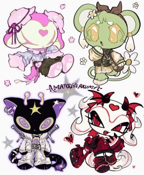  2girls 2others :o @_@ amatou_akuma animal_ears antennae artist_name bag belt black_fur black_skirt brown_bag cardigan cat_ears cat_tail chibi chibi_only chibikemo claws clover daisy_(flower) demon_horns eyelashes fashion flower fur-trimmed_jacket fur_trim furry furry_female green_cardigan green_fur green_pants handbag head_wings highres horns jacket katana long_sleeves miniskirt mori_kei multiple_girls multiple_others open_clothes open_jacket original pants pawpads pink_fur red_cardigan red_eyes shirt simple_background skirt standing standing_on_one_leg streetwear striped_clothes striped_shirt sword tail weapon white_background white_fur white_jacket white_pants white_shirt wings yellow_eyes yellow_skirt 